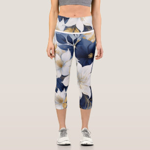 Navyblaue und weiße botanische Blumen Capri Leggings