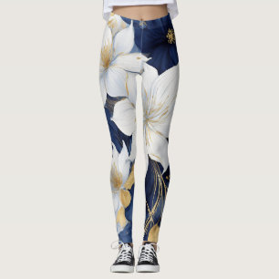 Navyblaue und weiße botanische Blumen Leggings