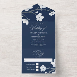 Navyblaue und weiße Kirschblüten-Hochzeit Alles dr All In One Einladung