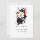 Navyblaue, verbrannt orangefarbene und champagnerf save the date (Vorderseite)
