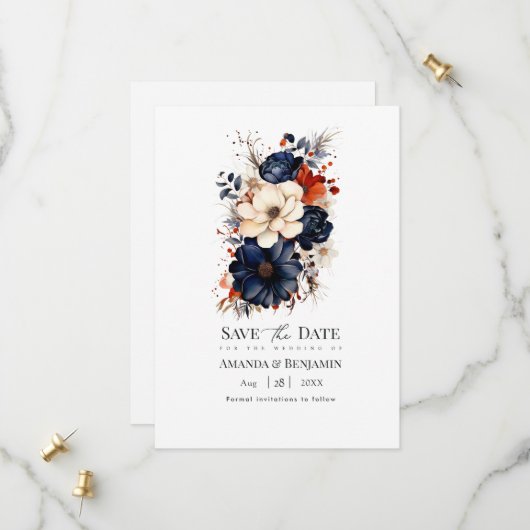 Navyblaue, verbrannt orangefarbene und champagnerf save the date (Vorderseite/Rückseite Beispiel)