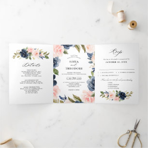 Navyblaue verstaubte rosafarbene Blumenhochzeit  Dreifach Gefaltete Ankündigung