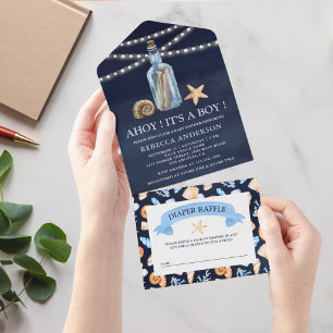 Navyblaue Vintage-Botschaft-in-einer-Flasche-Baby- All In One Einladung