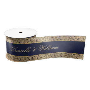 Navyblaue Vintage-Goldrosen-Kaligrafie-Hochzeit Satinband