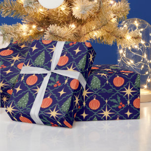 Navyblaue Vintage-Retro-Ornamente Weihnachten Geschenkpapier