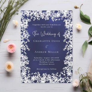 Navyblaue weiße Schneeflocken Winterhochzeit Einladung