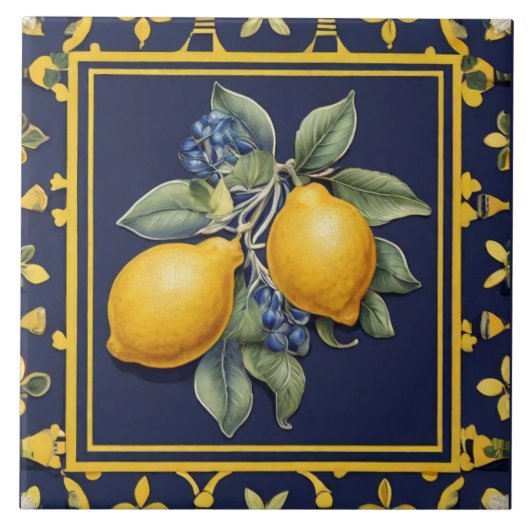 Navyblaue Zitronen und schwarze Oliven Mediterran Fliese (Vorderseite)