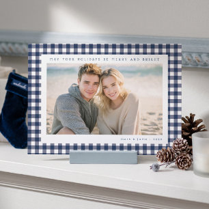 Navyblauer Gingham-Rahmen Feiertagsfoto Feiertagskarte