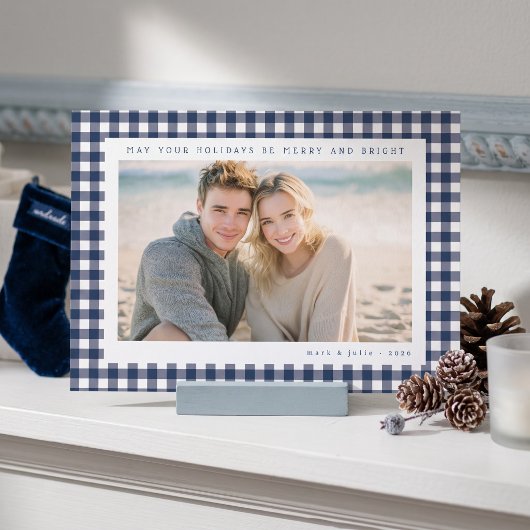 Navyblauer Gingham-Rahmen Feiertagsfoto Feiertagskarte