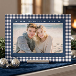 Navyblauer Gingham-Rahmen-Foto Folien Feiertagskarte