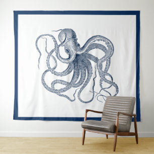 Navyblauer nautischer Vintage-Oktopus Wandteppich