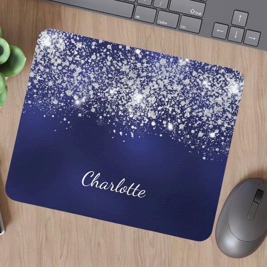 Navyblauer silberner Glitter-Monogramm-Name in Sch Mousepad