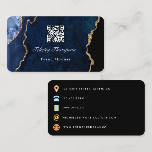 Navyblauer und goldener Geode-Achatstein-QR-Code Visitenkarte (Vorne/Hinten)