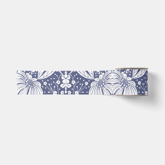 Navyblaues Blumendesign im William-Morris-Stil Satinband (Vorderseite)