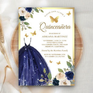 Navyblaues Blumenkleid Schmetterling Gold Quincean Einladung