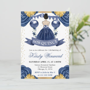 Navyblaues Kleid Brünette Prinzessin Quinceanera Einladung