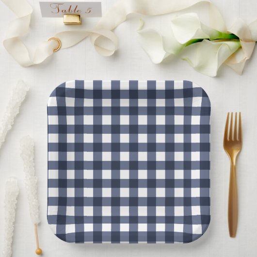 Navyblaues kleines klassisches Gingham-Karo-Gingha Pappteller (Hochzeit)