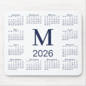 Navyblaues Monogramm 2026-Kalender auf Weiß Mousepad (Vorne)