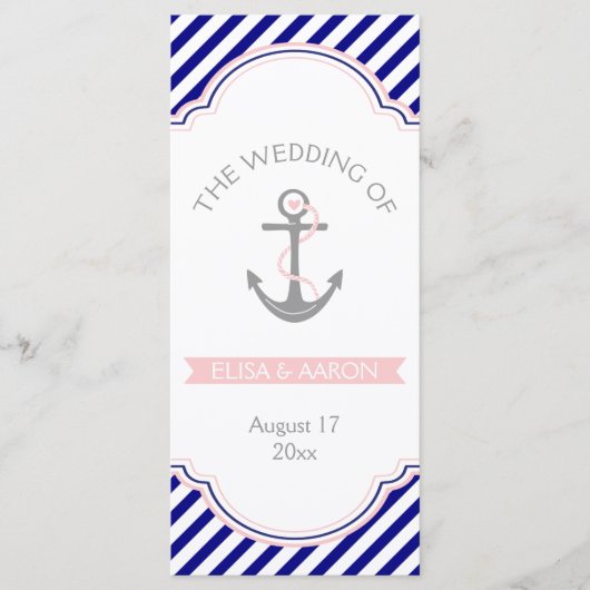 Navyblaues, rosa nautisches Hochzeitsprogramm Programm (Vorderseite)