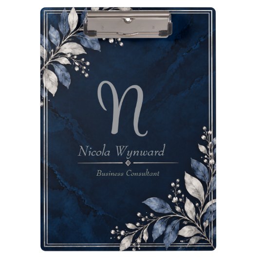 Navyblaues Silber-Monogramm-Clipbrett Klemmbrett (Vorderseite)