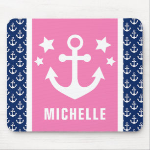Navyblaues und rosa Anker nautisches Muster  Mousepad