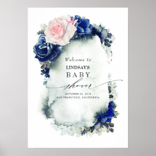 Navyblaues und rosa Aquarell-Blumen-Willkommenssch Poster