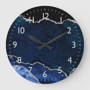 Navyblaues und silbernes Marmor-Achat Große Wanduhr