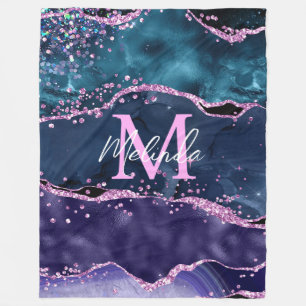 Navyblaues und violettes Glitter-Ozean-Achat Fleecedecke