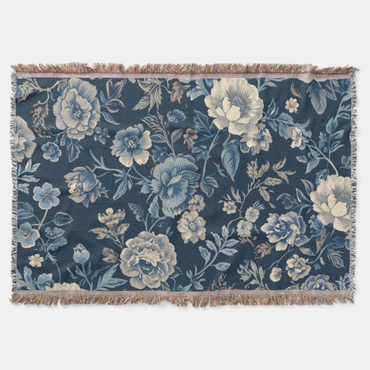 Navyblaues Vintage-Blumen-Botanik-Muster Decke (Vorderseite)