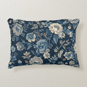 Navyblaues Vintage-Blumen-Botanik-Muster Dekokissen