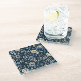 Navyblaues Vintage-Blumen-Botanik-Muster Glasuntersetzer