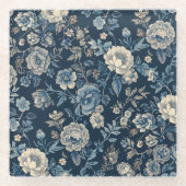 Navyblaues Vintage-Blumen-Botanik-Muster Glasuntersetzer (Vorderseite)