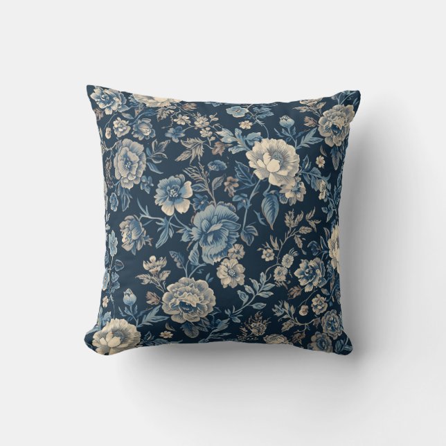 Navyblaues Vintage-Blumen-Botanik-Muster Kissen (Vorderseite)