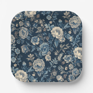 Navyblaues Vintage-Blumen-Botanik-Muster Pappteller