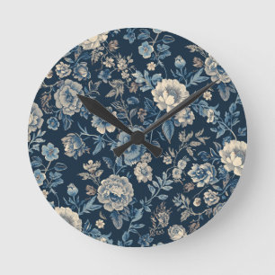 Navyblaues Vintage-Blumen-Botanik-Muster Runde Wanduhr