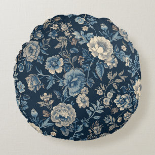 Navyblaues vintage-blumiges botanisches Muster Rundes Kissen
