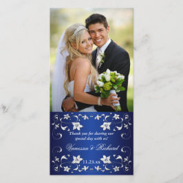 Navyl Blue, Silver Floral Wedding Foto Card Dankeskarte