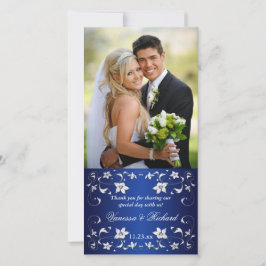 Navyl Blue, Silver Floral Wedding Foto Card Dankeskarte