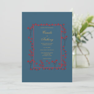 Navyrote Blumenrand-Hochzeit Einladung