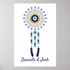Nazar Evil Eye Mandala Dream Catcher of Gold Blue Poster