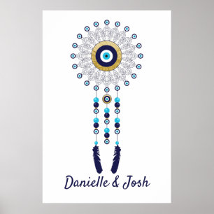 Nazar Evil Eye Mandala Dream Catcher of Gold Blue Poster