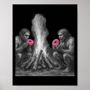 Neandertaler essen Donuts beim Feuergefecht Poster