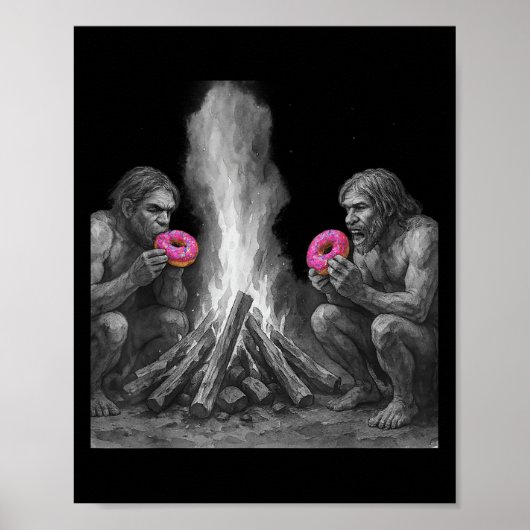 Neandertaler essen Donuts beim Feuergefecht Poster (Vorne)