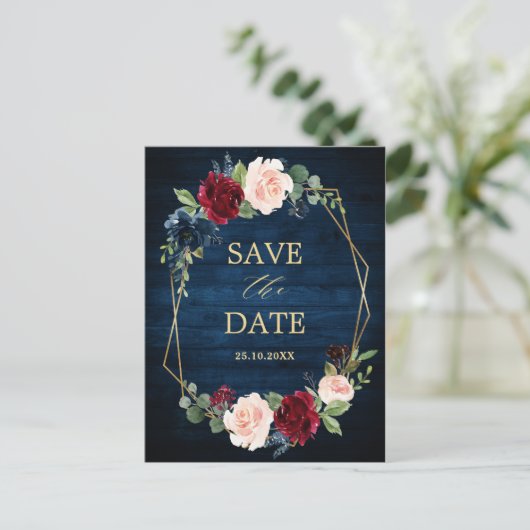 Neavy Blue Blush Burgundy Geometric Save the Date Postkarte (Stehend Vorderseite)
