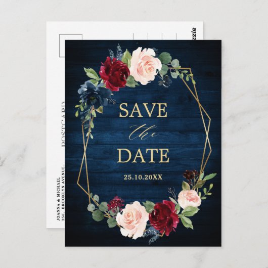 Neavy Blue Blush Burgundy Geometric Save the Date Postkarte (Vorne/Hinten)