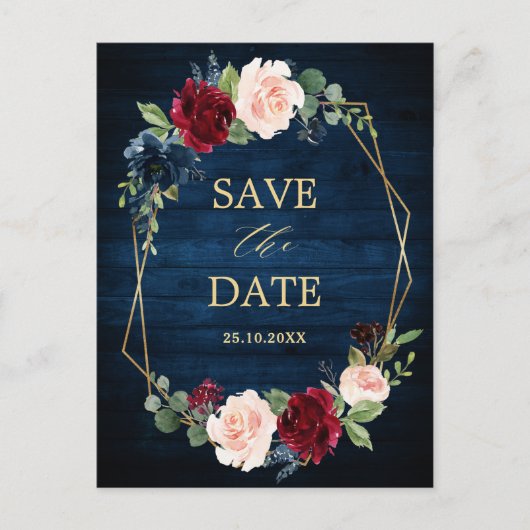 Neavy Blue Blush Burgundy Geometric Save the Date Postkarte (Vorderseite)