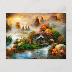 Nebel am Herbstmorgen. Fantasy Cottage. Postkarte