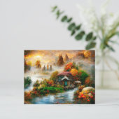 Nebel am Herbstmorgen. Fantasy Cottage. Postkarte (Stehend Vorderseite)