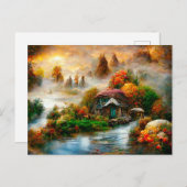 Nebel am Herbstmorgen. Fantasy Cottage. Postkarte (Vorne/Hinten)