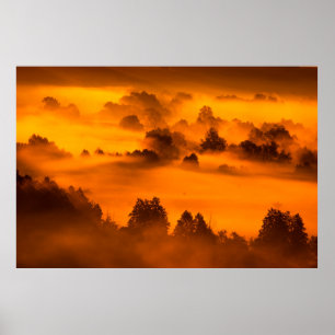 Nebel am Morgen über den Fluss Poster